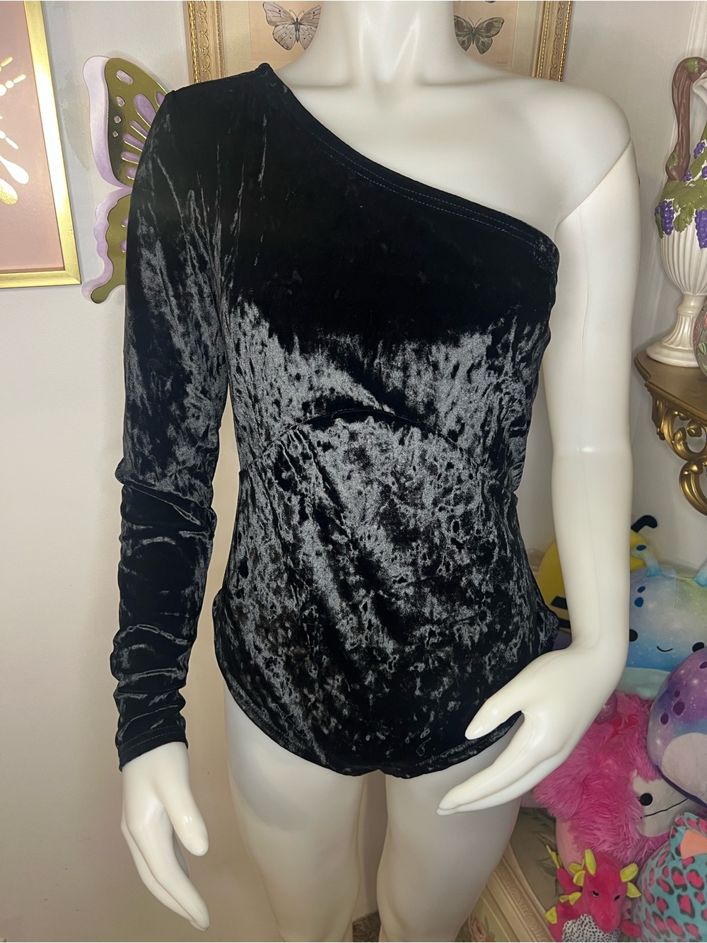 Yitty Black One-Shoulder Velvet Bodysuit